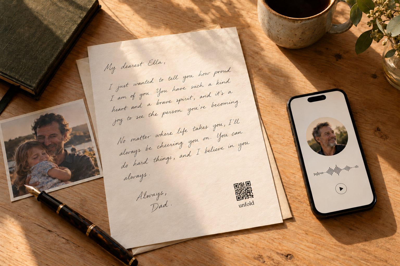 A handwritten letter, a favorite family photograph, and a small phone ready to play the writer’s voice
