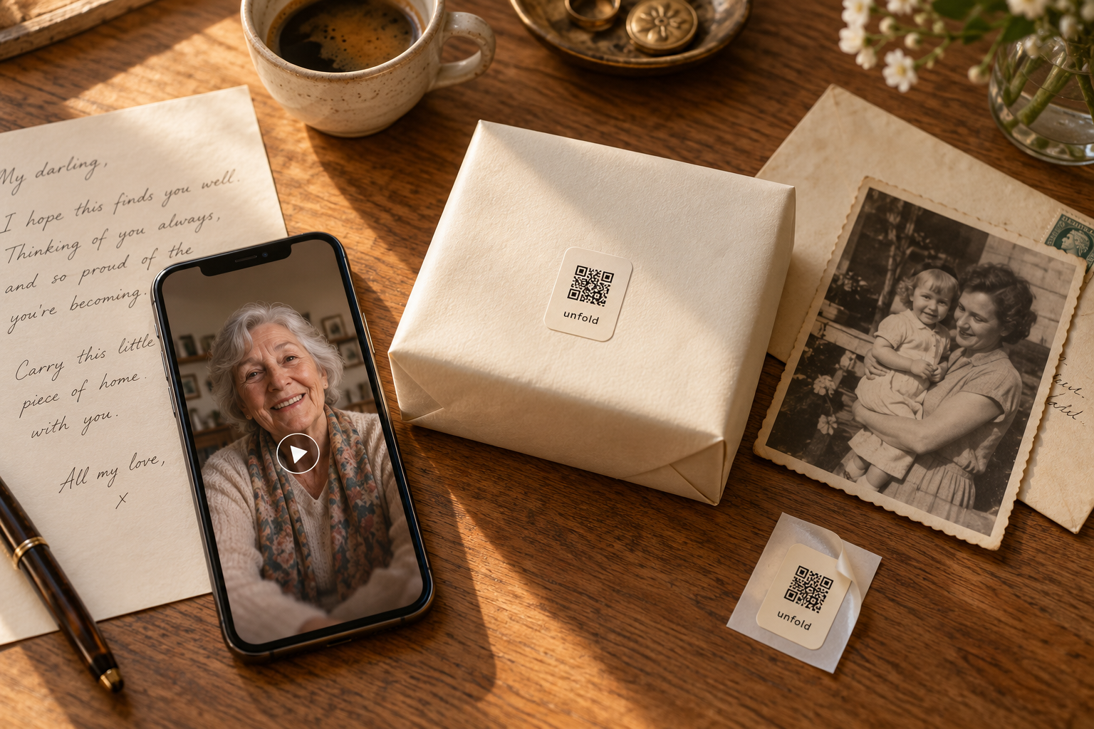 An Unfold Seal attached to a gift, beside a personal video and a family photograph